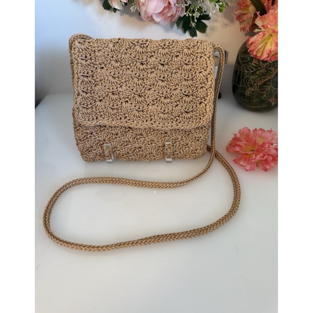 THE SAK Crochet Flap Bag 7.5 Woven Crossbody Shoulder Bag Boho Beige Gold Thread